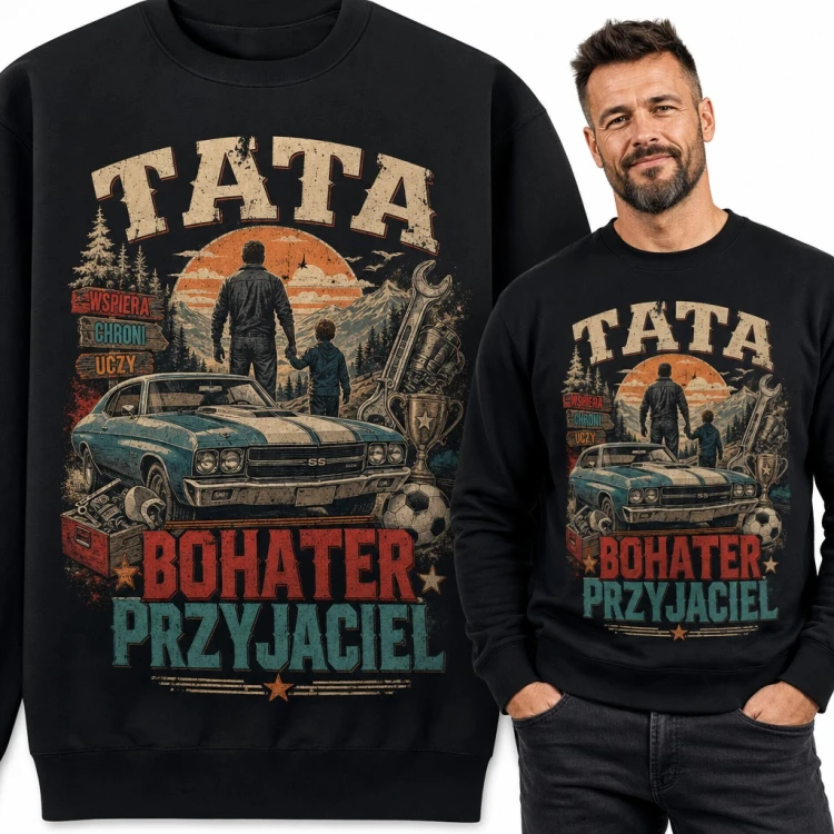 Bluza męska bez kaptura „Tata bohater przyjaciel” - retro auto i ojciec z synem