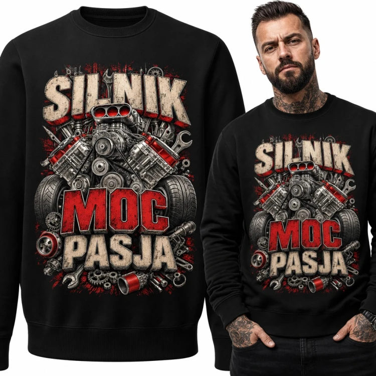 Bluza męska bez kaptura „Silnik moc pasja” - silnik V8 z kompresorem dla mechanika