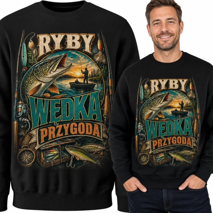 Bluza męska bez kaptura - „Ryby, wędka, przygoda” ze szczupakiem dla wędkarza