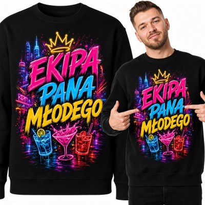 Bluza męska bez kaptura „Ekipa pana młodego” - neonowe drinki i korona na wieczór kawalerski