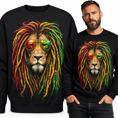 Bluza męska bez kaptura - lew z dredami w barwach rasta i okularach