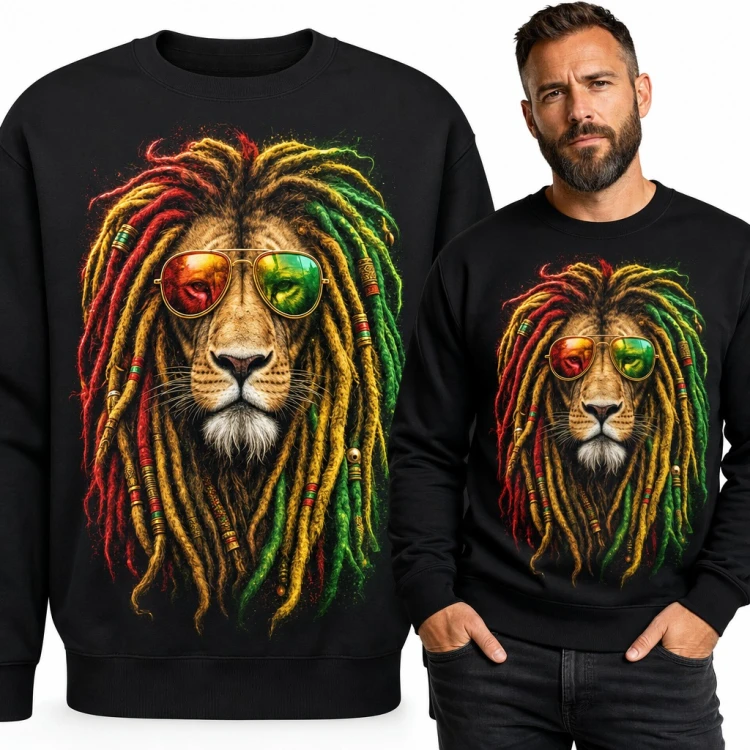 Bluza męska bez kaptura - lew z dredami w barwach rasta i okularach