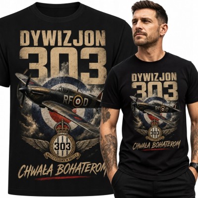 Koszulka męska z myśliwcem „Dywizjon 303” i napisem „Chwała bohaterom” - patriotyczna