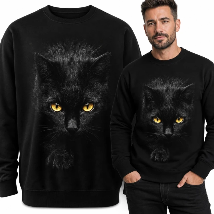 Bluza męska bez kaptura - realistyczny czarny kot o żółtych oczach
