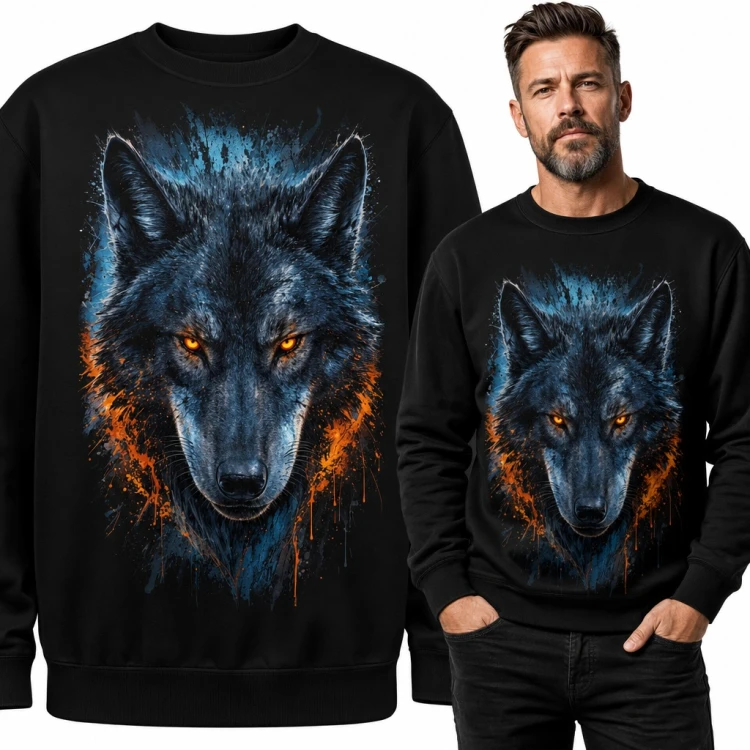 Bluza męska bez kaptura - głowa wilka z płonącymi oczami w stylu splash art