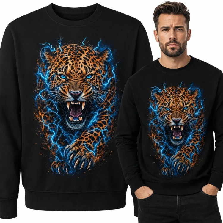Bluza męska bez kaptura - ryczący jaguar w niebieskich błyskawicach
