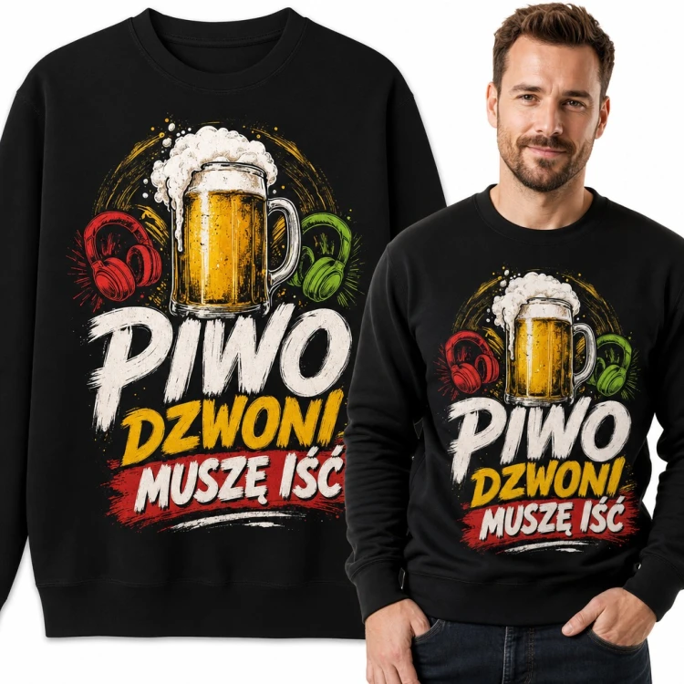Bluza męska bez kaptura „Piwo dzwoni, muszę iść” - kufel z pianą dla piwosza
