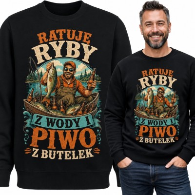 Bluza męska bez kaptura „Ratuje ryby z wody i piwo z butelek” - wędkarz w łódce