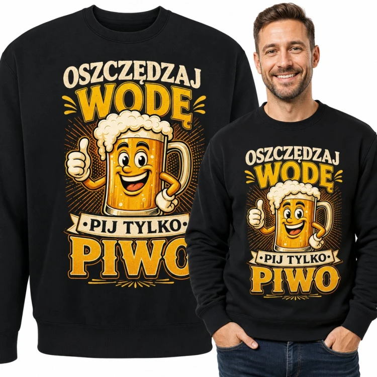 Bluza męska bez kaptura - „Oszczędzaj wodę pij tylko piwo” z wesołym kuflem dla piwosza