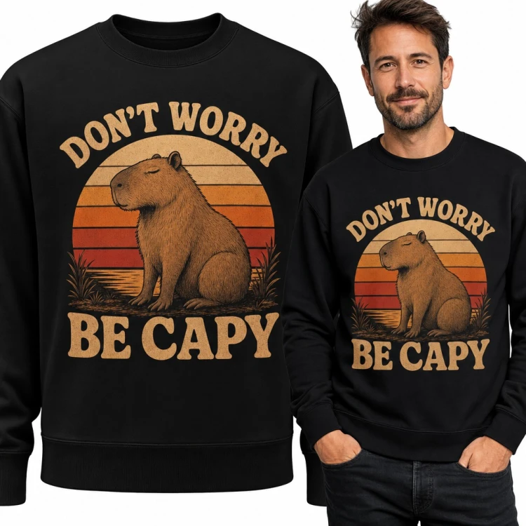 Bluza męska bez kaptura - kapibara retro „Don't worry be capy”