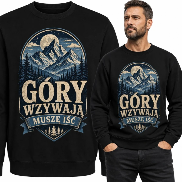 Bluza męska bez kaptura - „Góry wzywają, muszę iść” z księżycem nad szczytem
