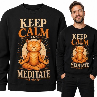 Bluza męska bez kaptura - rudy kot w pozycji lotosu „Keep calm and meditate”