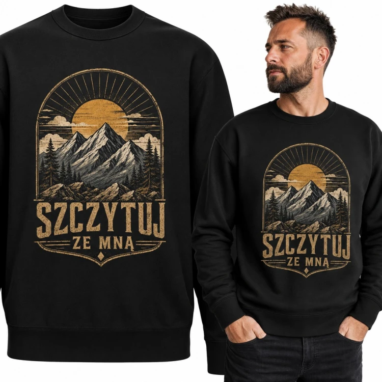 Bluza męska bez kaptura - „Szczytuj ze mną” góry o wschodzie słońca dla turysty