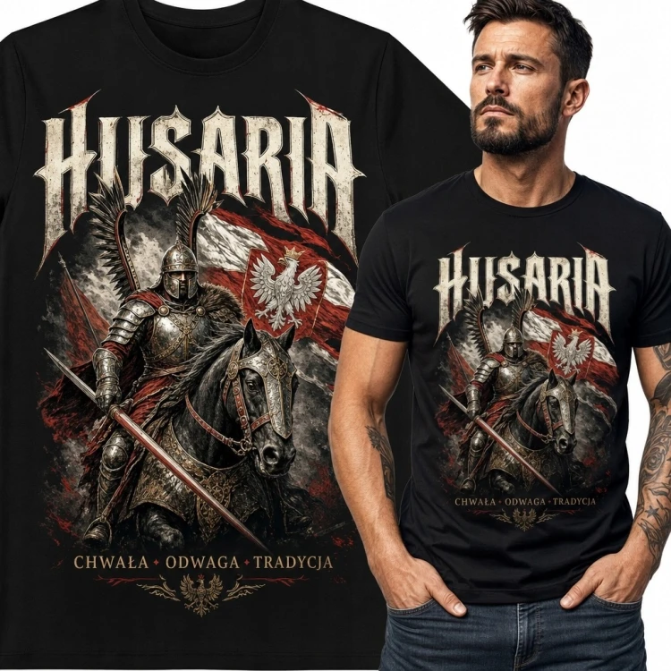 Koszulka męska „Husaria” z husarzem i polskim sztandarem - wzór patriotyczny