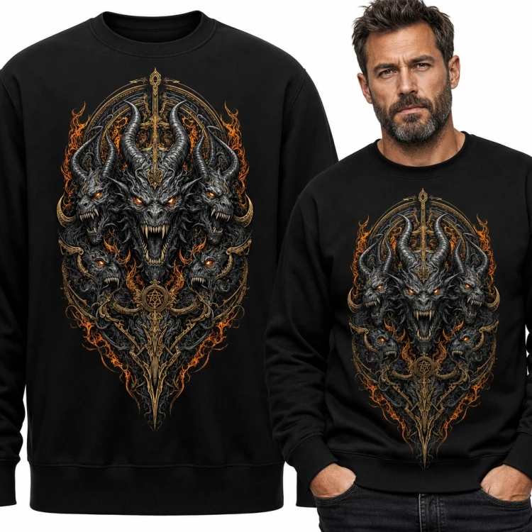 Bluza męska bez kaptura - wielogłowy smok demon w płomieniach