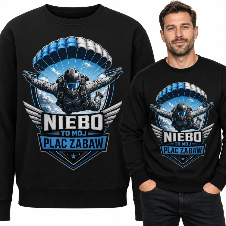 Bluza męska bez kaptura - spadochroniarz w swobodnym spadku „Niebo to mój plac zabaw”