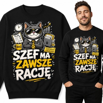 Bluza męska bez kaptura „Szef ma zawsze rację” - kot boss w okularach dla szefa
