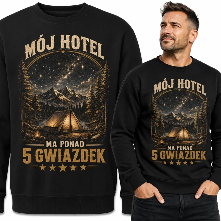 Bluza męska bez kaptura - „Mój hotel ma ponad 5 gwiazdek” z namiotem w górach