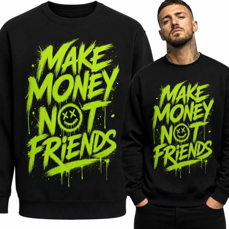 Bluza męska bez kaptura - „Make money not friends” w stylu graffiti z buźką smiley