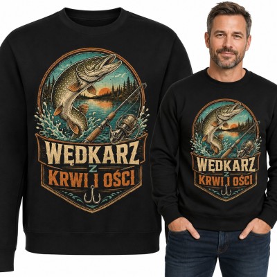 Bluza męska bez kaptura „Wędkarz z krwi i ości” - szczupak, wędka i kołowrotek