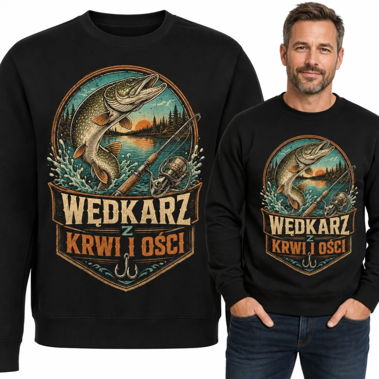 Bluza męska bez kaptura „Wędkarz z krwi i ości” - szczupak, wędka i kołowrotek