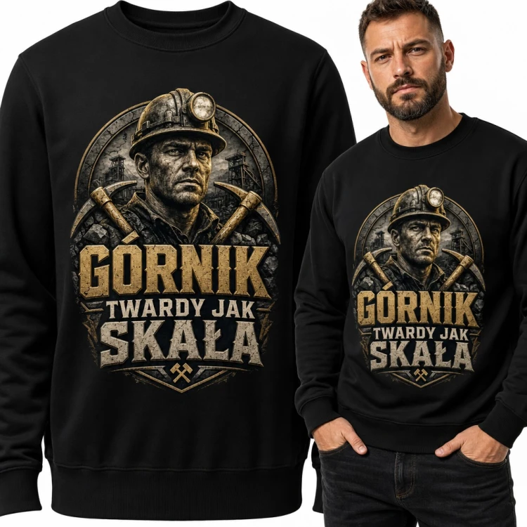 Bluza męska bez kaptura - „Górnik twardy jak skała” z kilofami i szybem kopalni