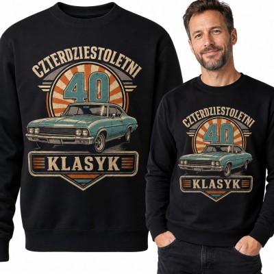 Bluza męska bez kaptura na 40 urodziny - „Czterdziestoletni 40 klasyk” z retro samochodem