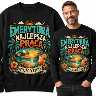 Bluza męska bez kaptura - „Emerytura najlepsza praca mojego życia” z plażą i palmami