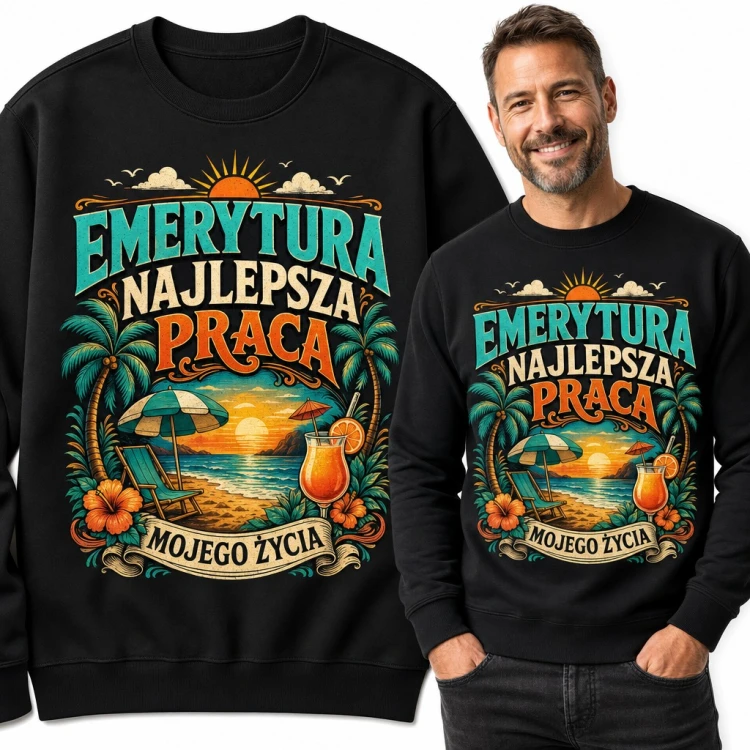 Bluza męska bez kaptura - „Emerytura najlepsza praca mojego życia” z plażą i palmami
