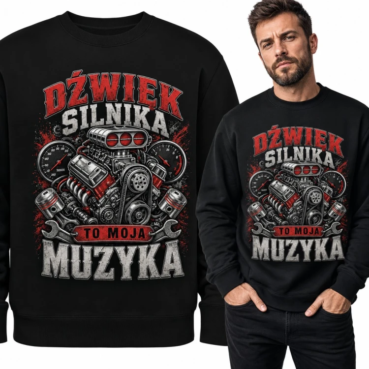 Bluza męska bez kaptura „Dźwięk silnika to moja muzyka” - silnik V8 z tłokami dla mechanika