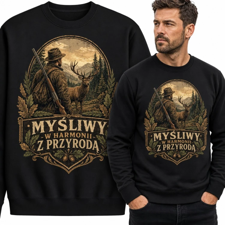 Bluza męska bez kaptura - „Myśliwy w harmonii z przyrodą” z jeleniem dla myśliwego