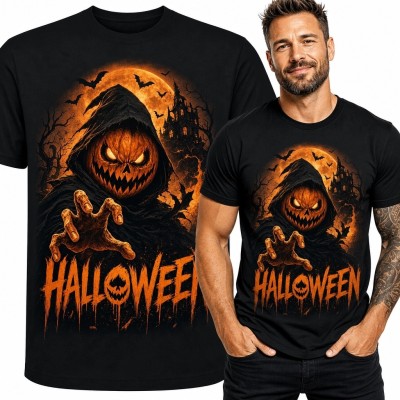 Koszulka męska „Halloween” z zakapturzonym dyniowym potworem - mroczny wzór