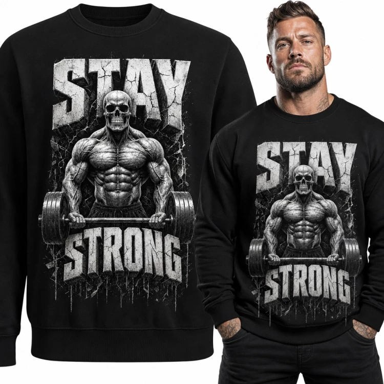Bluza męska bez kaptura - „Stay strong” umięśniony szkielet ze sztangą dla kulturysty
