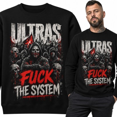 Bluza męska bez kaptura - „Ultras fuck the system” z tłumem kibiców w maskach czaszek