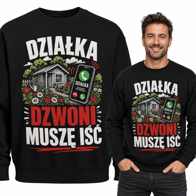 Bluza męska bez kaptura - „Działka dzwoni, muszę iść” z altaną i kwiatami