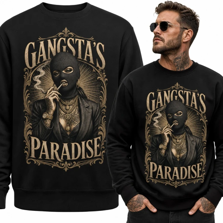 Bluza męska bez kaptura - „Gangsta's Paradise” kobieta w kominiarce ze złotymi łańcuchami