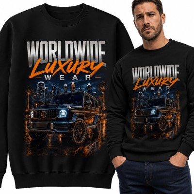 Bluza męska bez kaptura „Worldwide Luxury Wear” - luksusowy SUV nocą w mieście