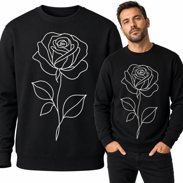 Bluza męska bez kaptura - minimalistyczna róża line art z liśćmi