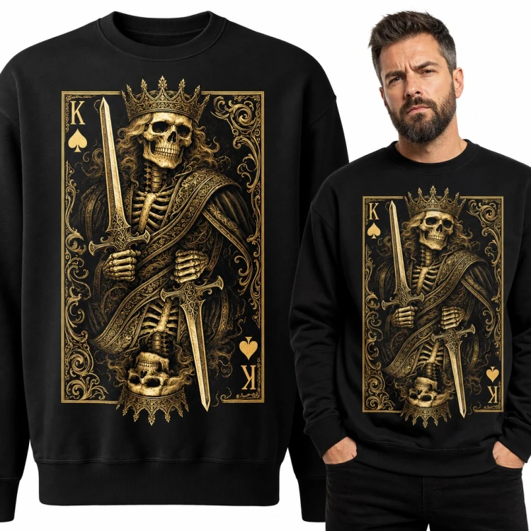 Bluza męska bez kaptura - król pik szkielet w koronie z mieczem dla pokerzysty
