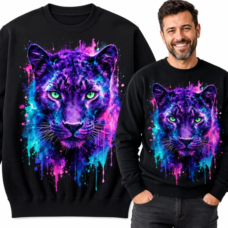Bluza męska bez kaptura - neonowa pantera z zielonymi oczami w stylu akwareli
