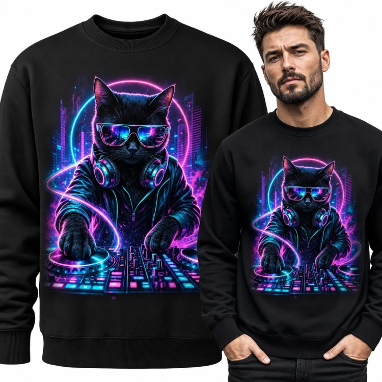 Bluza męska bez kaptura - czarny kot DJ przy konsoli w neonach