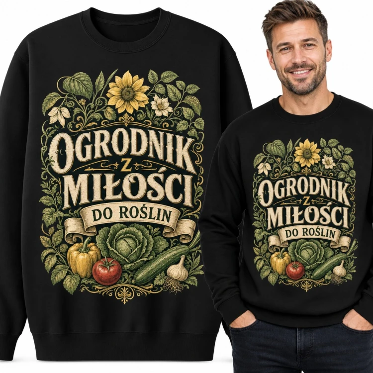Bluza męska bez kaptura - „Ogrodnik z miłości do roślin” z warzywami dla działkowca