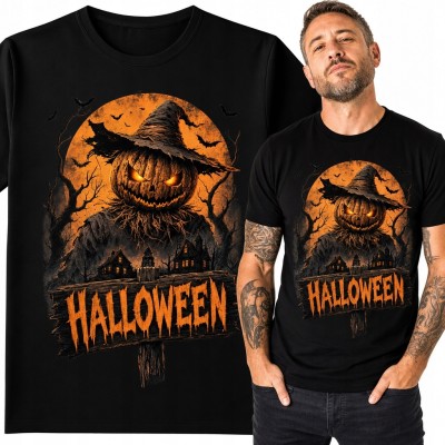 Koszulka męska na Halloween z dyniowym strachem na wróble i napisem „Halloween” - mroczny wzór