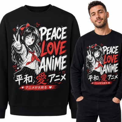 Bluza męska bez kaptura „Peace Love Anime” - dziewczyna z mangi i japońskie znaki
