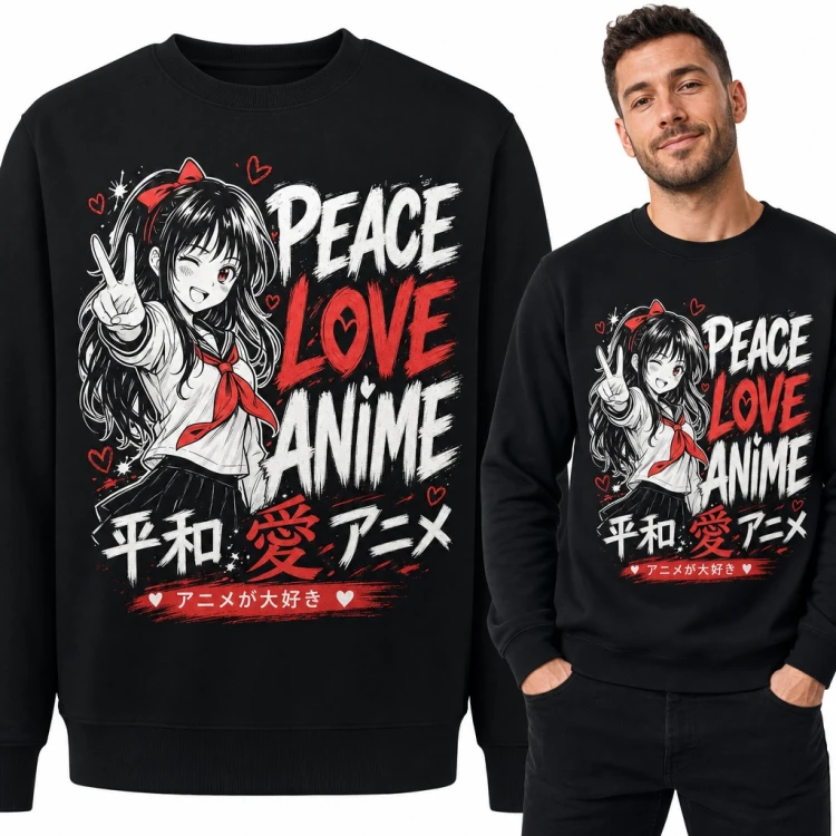 Bluza męska bez kaptura „Peace Love Anime” - dziewczyna z mangi i japońskie znaki