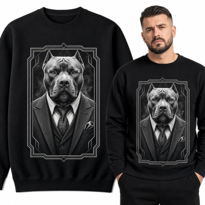 Bluza męska bez kaptura - pitbull w garniturze w stylu gangstera art deco