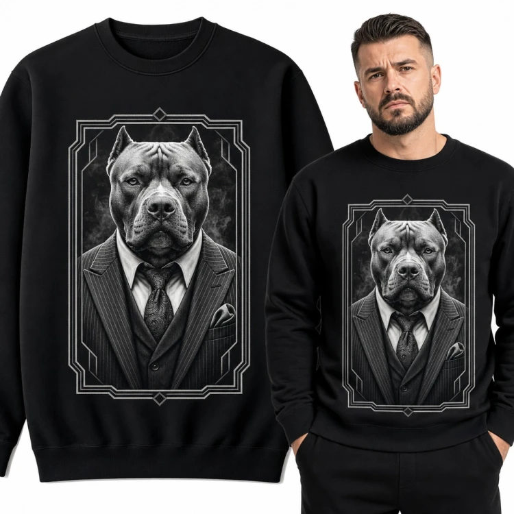 Bluza męska bez kaptura - pitbull w garniturze w stylu gangstera art deco