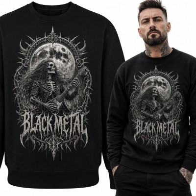 Bluza męska bez kaptura - „Black metal” szkielet z gitarą przy pełni księżyca