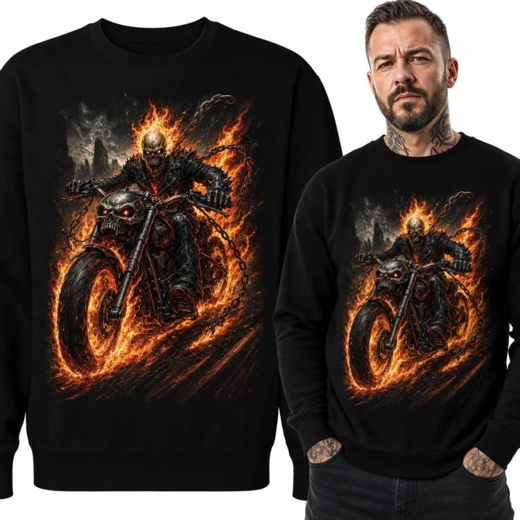 Bluza męska bez kaptura - płonący szkielet na motocyklu z czaszką
