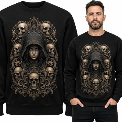 Bluza męska bez kaptura - zakapturzona wiedźma wśród czaszek w gotyckim ornamencie